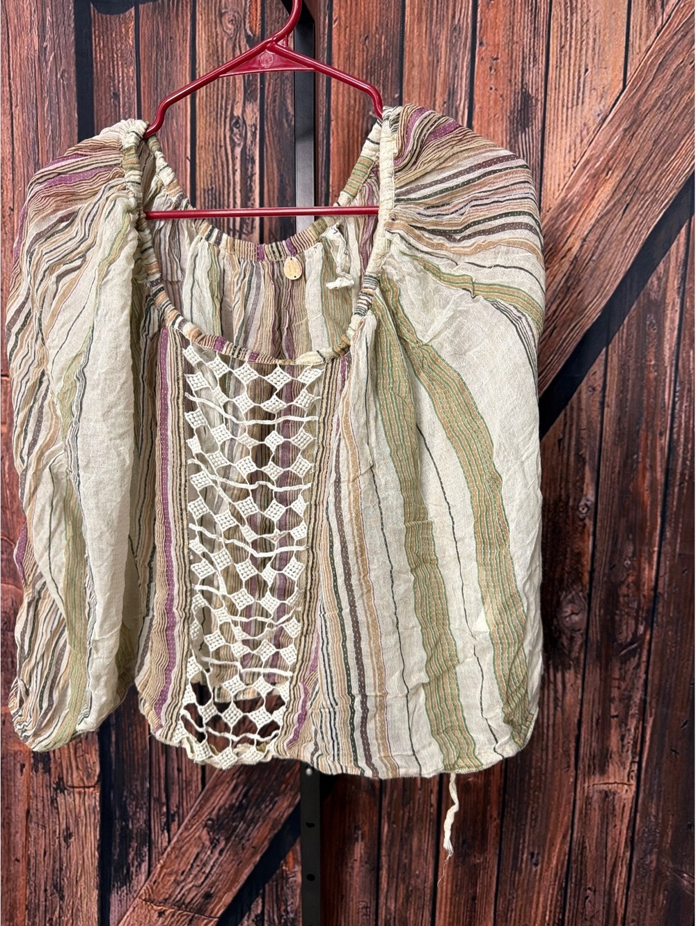 FP One Striped Bohemian Peasant Blouse with Crochet Detail